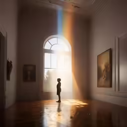 an empty, spacious room with a little boy standing in front of the light coming through the window