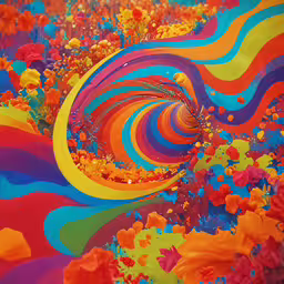 bright colored fluid painting with very large waves,an psychedelic scene has many flowers and swirls