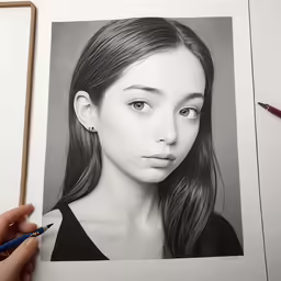 a drawing of a girl holding a pen in one hand and a drawing on the other