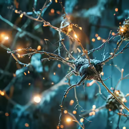 a bird is sitting on the branches with some lights around it