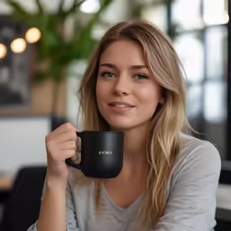 the woman is drinking coffee from the black mug