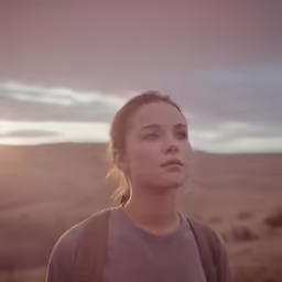 a woman is staring at the horizon in a field