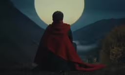 a man dressed in a red cloak is sitting on the ground as the moon rises in the sky
