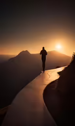 man stands on top of the mountain while the sun goes down