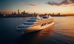 a large cruise ship in a bay with the city skyline