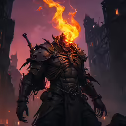a man wearing flames holding two knives