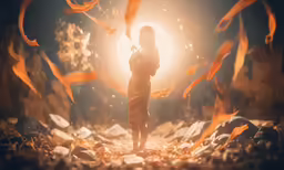 a woman standing in the middle of a bunch of fire