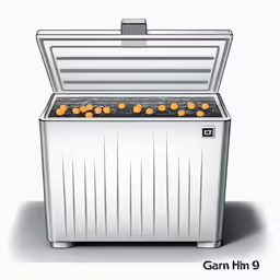 a cooler with oranges on top and white lettering