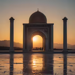the sun is going down behind a very tall dome