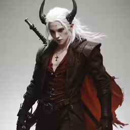 a woman dressed in black outfit holding two swords