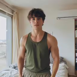 a man with a pair of brown boxers is in front of a window and a bed