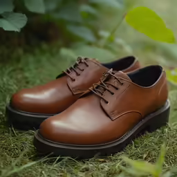 a brown shoe is sitting on the grass