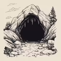 the entrance to an ice cave with the trees below