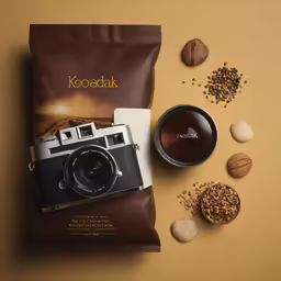 a brown bag of coffee with an old style camera and nuts