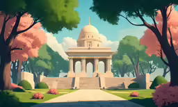 a painting shows a park with pink trees, a white gazebo, and steps