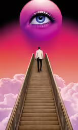a man walking up a stairwell towards an eye with clouds