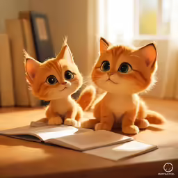 two small orange kittens sit on an open book