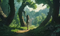 the woman stands on the trail between some trees