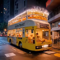 the yellow double decker bus is parked at the curb