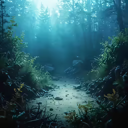 an old trail through a green forest surrounded by ferns and flowers