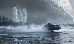 a car drives through snow and ice near the mountains