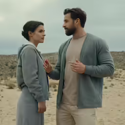 a couple in bath robes stand close together in the desert