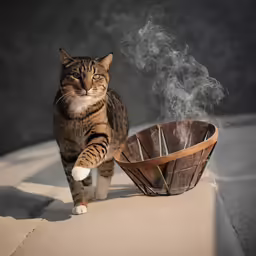 a cat is walking on top of the roof while the smoke comes out