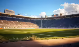 a stadium with a grassy field and a blue sky