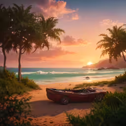 there is an old vintage red car sitting on the beach,a car on the beach with a sun setting in the background