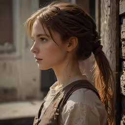 a woman with a ponytail and a brown top