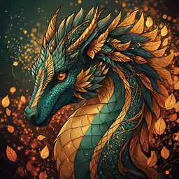 an artistic painting of a dragon head with golden scales