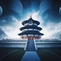 a view of a very tall structure surrounded by mountains