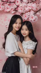 two asian girls hugging and posing in front of pink flowers,two girls smiling while posing in front of a pink wall