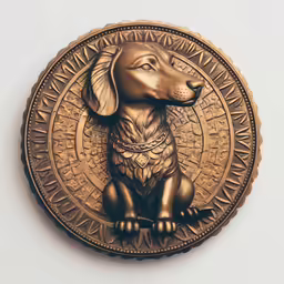 a dog with a collar is standing on a golden medallion