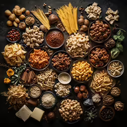 the ingredients for macaroni and cheese are arranged in a circle