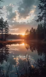 the sun setting behind some trees over a lake