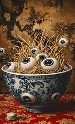 a bowl full of spaghetti and eyeballs on top