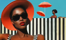 woman in striped dress and red hat with umbrellas