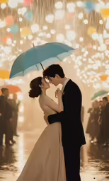 a man and woman under a blue umbrella