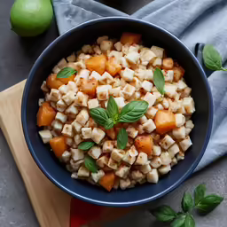 there is a blue bowl with fresh vegetables in it