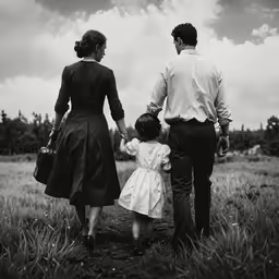 the man and woman are walking with their child