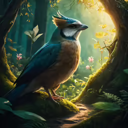 a bird stands alone in the middle of a forest