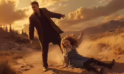 two people in the dirt next to a field