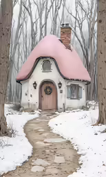 an image of a white house in the snow