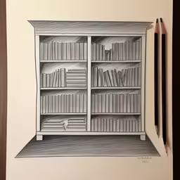two pencil drawings of bookshelves in a room