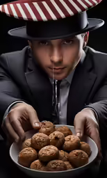 a man in top hat holding a plate of muffins