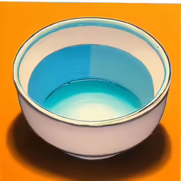a blue and white bowl sitting on a yellow surface