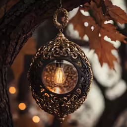 the lantern is on the tree and hanging from the branch