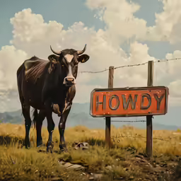 the large bull is in a grassy field near a sign