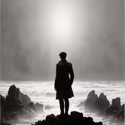 man in trench coat staring out into ocean from rocky shoreline